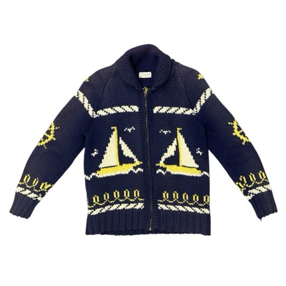 VTG 50s Cowichan Style Hand Knit Wool Sweater Sailboat Nautical Zip Cardigan S/M